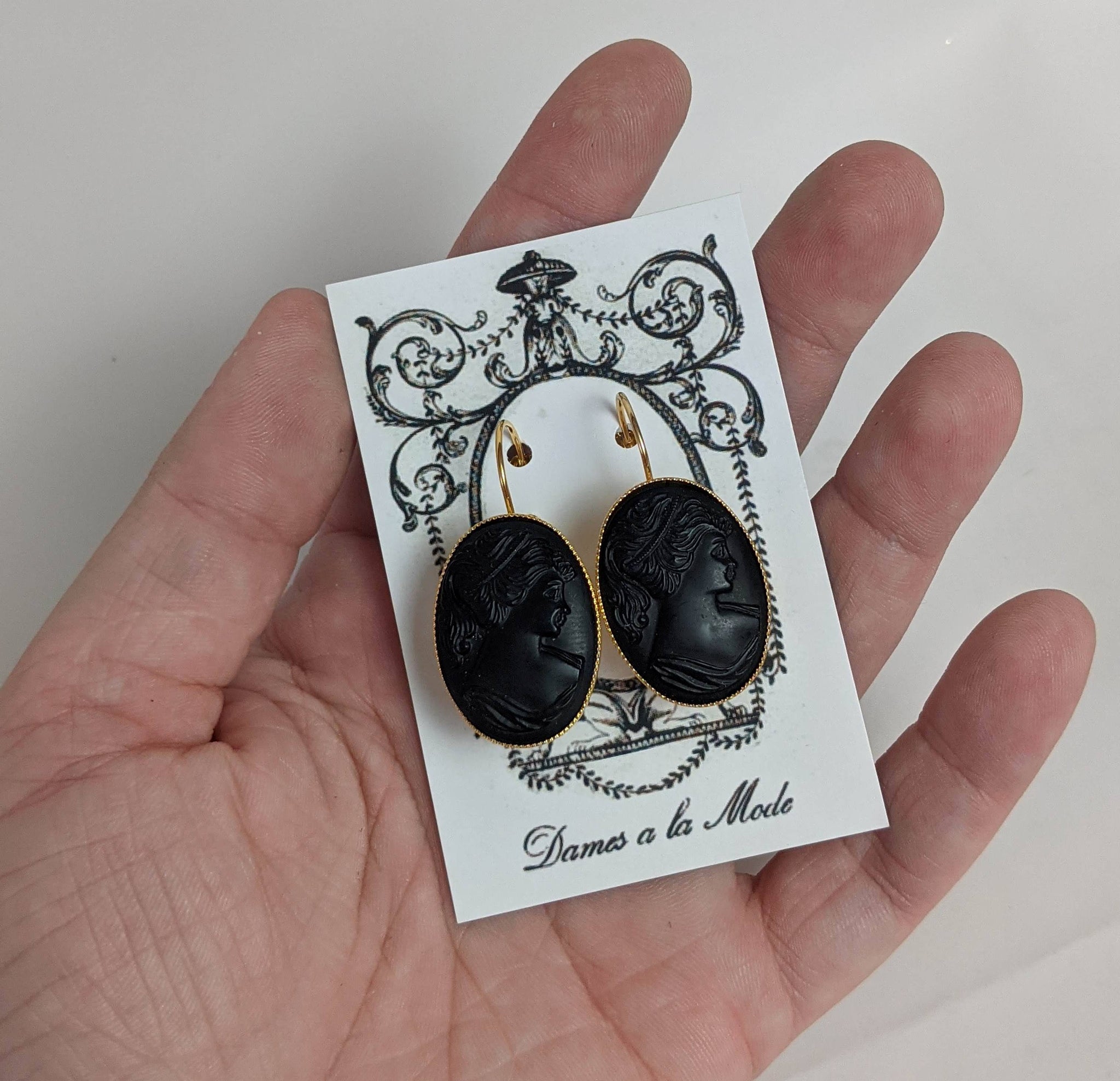 Pin And Earrings 1950s Black Glass Cameos Rhinestones Pearls W Germany –  Antiques And Teacups